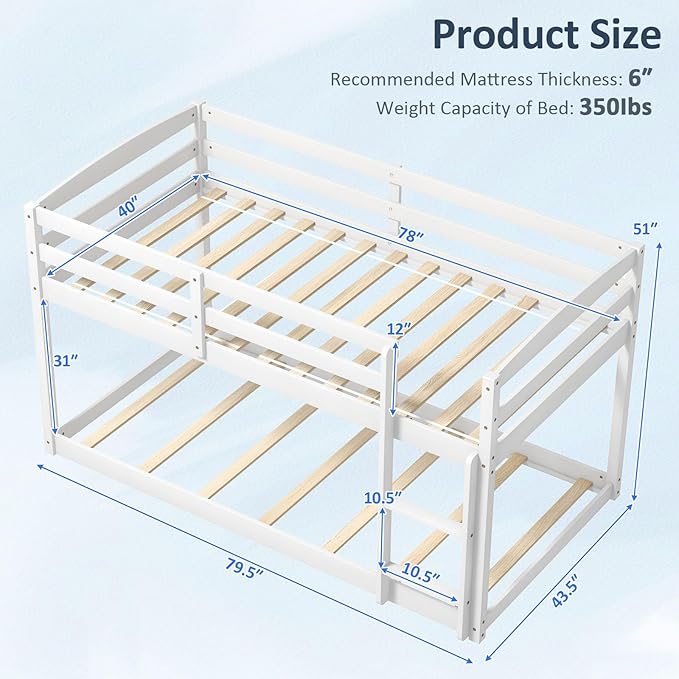 KOMFOTT Low Bunk Bed Twin Over Twin, Solid Wood Bunk Bed Frame - Image 2