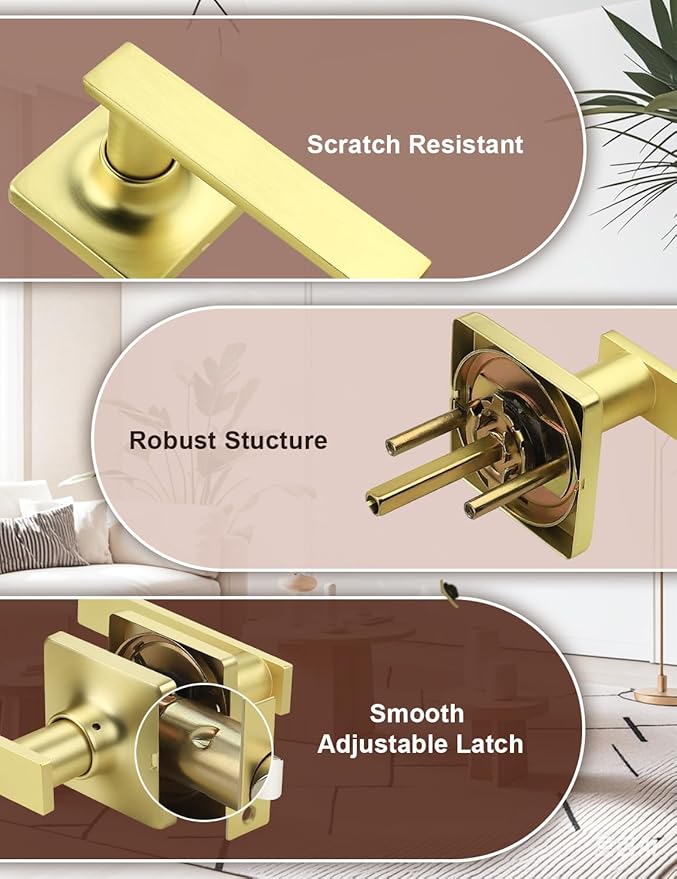 Mengico 6 Pack Passage Door Levers Gold Finish, No-Locking Keyless Square Door - Image 2