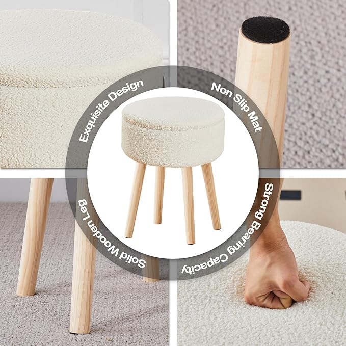 Mxfurhawa Storage Ottoman Foot Stool Teddy Velvet Round Vanity Stool Tray Top - Image 5