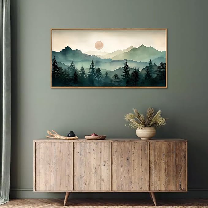 LHIUEM Large Boho Mountain Framed Wall Art Set, Watercolor Pine Tree Wall - Image 2
