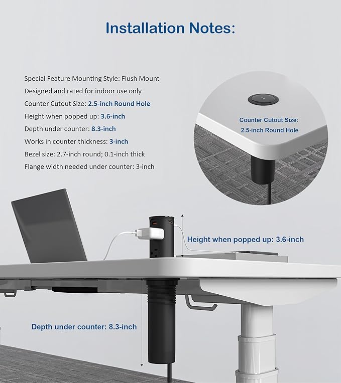 Jgstkcity Pop Up Power Outlet for Countertops & Desks, 2.5-Inch Hole Flush - Image 5