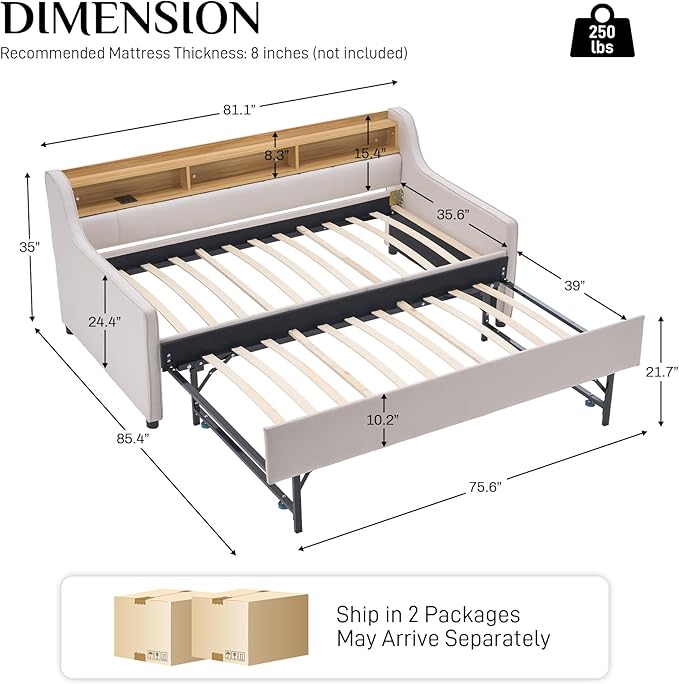 Twin Size Daybed with Pop Up Trundle Bed, Linen Fabric Upholstered Day Bed - Image 2