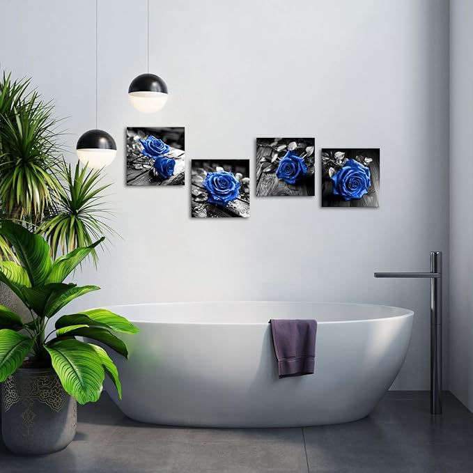 VANSEEING 4 Pieces Blue and Black Rose Flower Canvas Wall Art Floral Pictures - Image 6