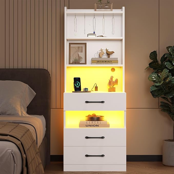 VIAGDO Tall Nightstand with Charging Station and LED Lights, Large White Night by VIAGDO