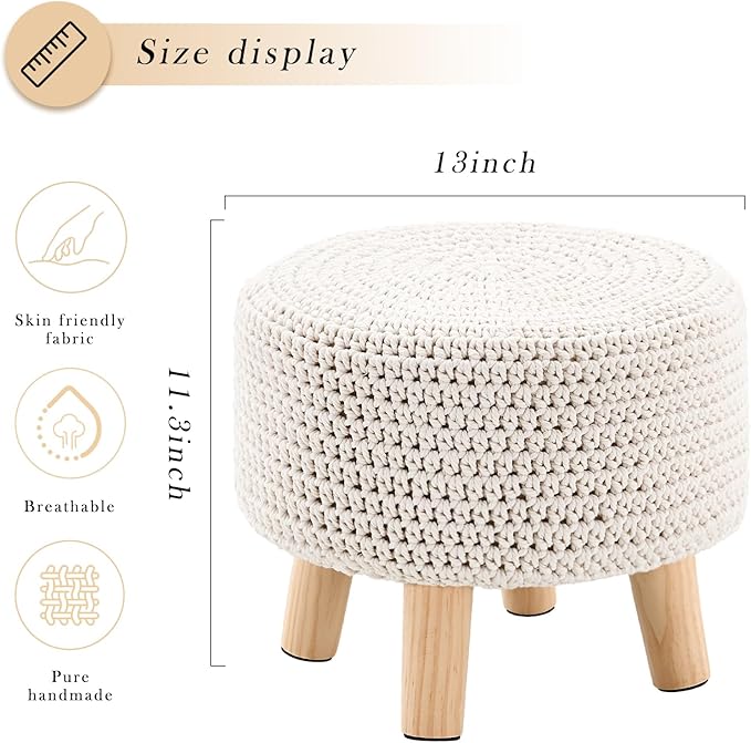 LGENHOOM Boho Ottoman Foot Stool Cotton Knitted Round Pouf Ottoman Foot Rest - Image 3