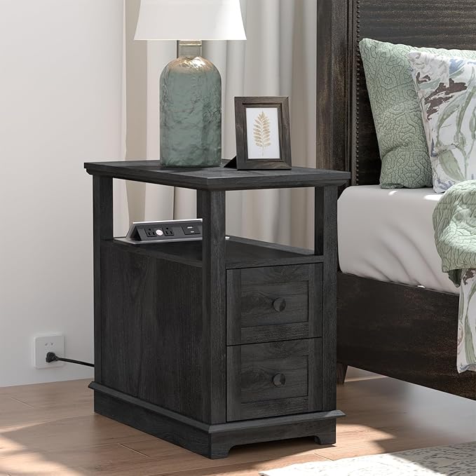 HIFYOBRO Narrow End Table with Flip Top Charging Station Set of 2, Side Table - Image 6