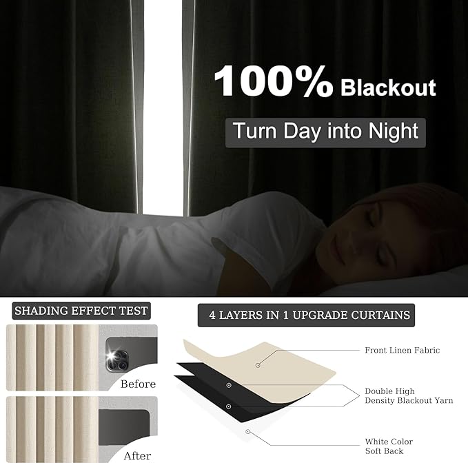 Topfinel Beige Curtains 96 Inch Long, Cream Pinch Pleated 100% Blackout Thermal - Image 3