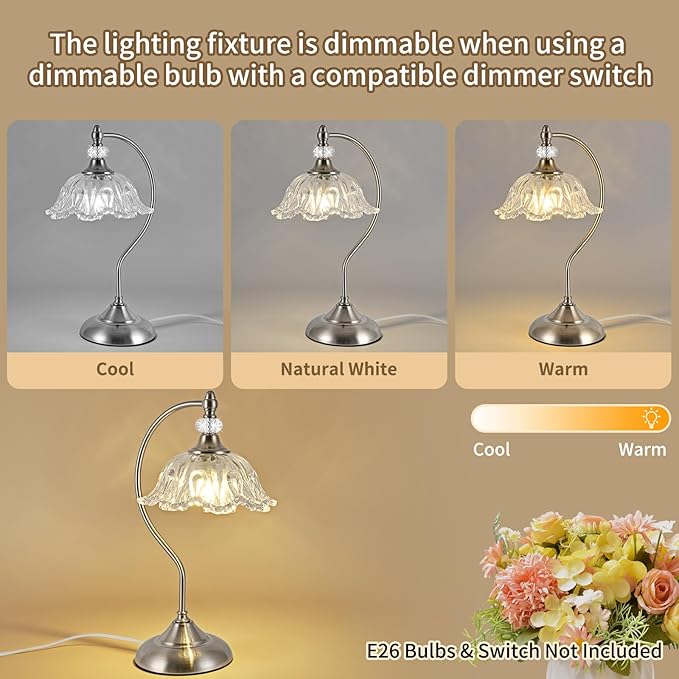 Brushed Nickel Table Lamp with a Floral Clear Glass Shade, A Plug-in Nightstand - Image 3