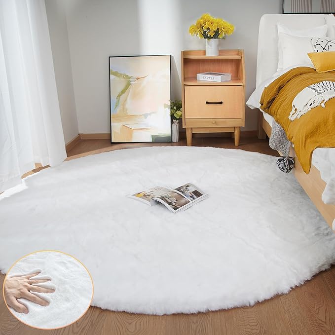 White Fluffy Round Rug 5ft for Bedroom Circle Faux Rabbit Washable Fur Area - Image 4