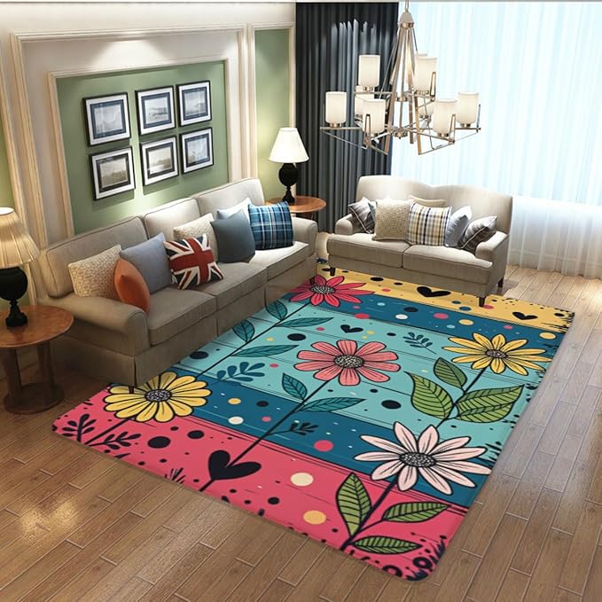 Machine Washable 3' x 5' Folk Art Print Style Area Rug, Flowers Floor mat - Image 5