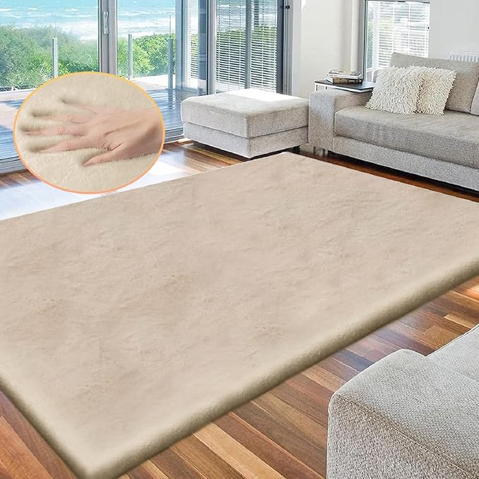 Washable Area Rug 6x9 Rugs for Living Room Camel Plush Faux Bunny Fluffy Fur - Image 2
