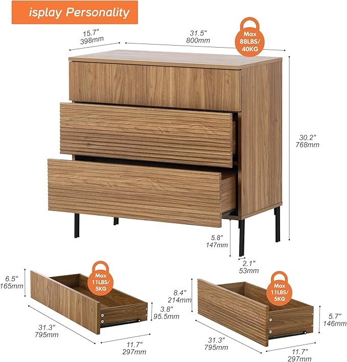 WAMPAT 31.5" W Fluted Dresser for Bedroom, Modern 3 Drawer Dresser TV Stand - Image 2