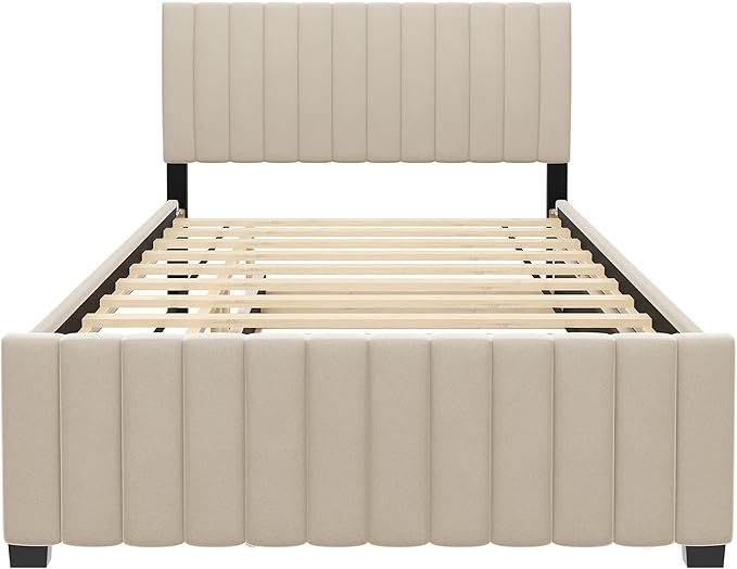 Full Bed Frame with Trundle Bed, Velvet Upholstered Platform Bed Frame - Image 5