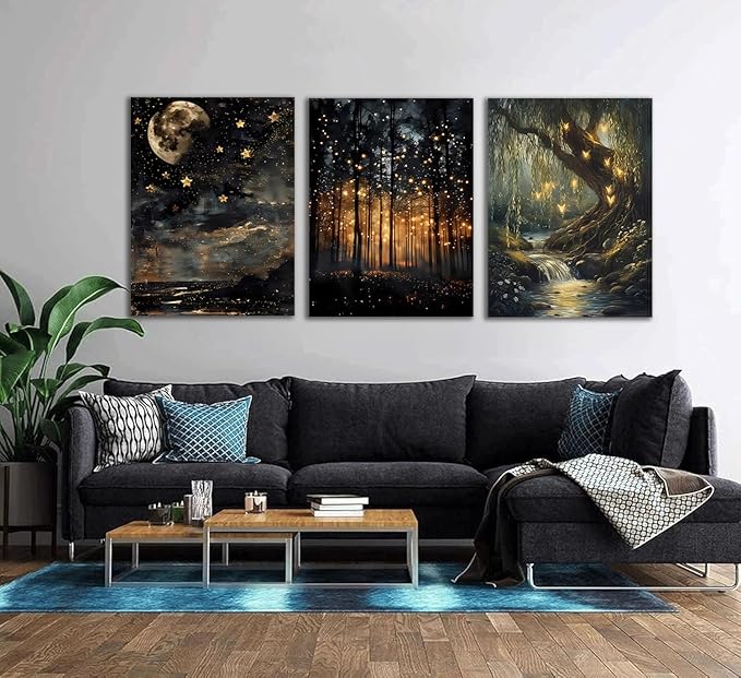RYZopmuy Forest Wall Art Set – 3 Framed Moon & Fireflies Canvas Prints - Image 8