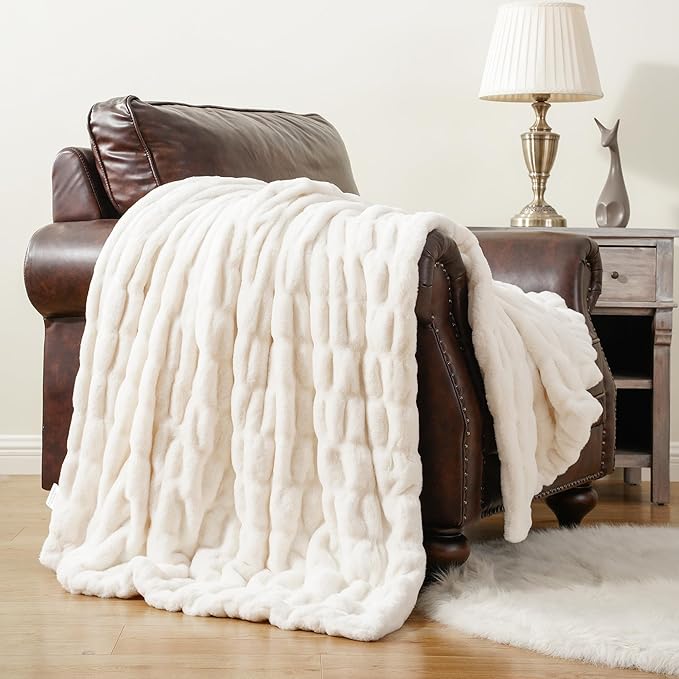 BATTILO HOME Cream Faux Fur Throw Blanket - Image 2