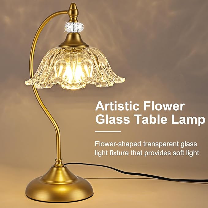 Vintage Table Lamp with a Floral Clear Glass Shade, A Plug-in Nightstand Lamp - Image 2