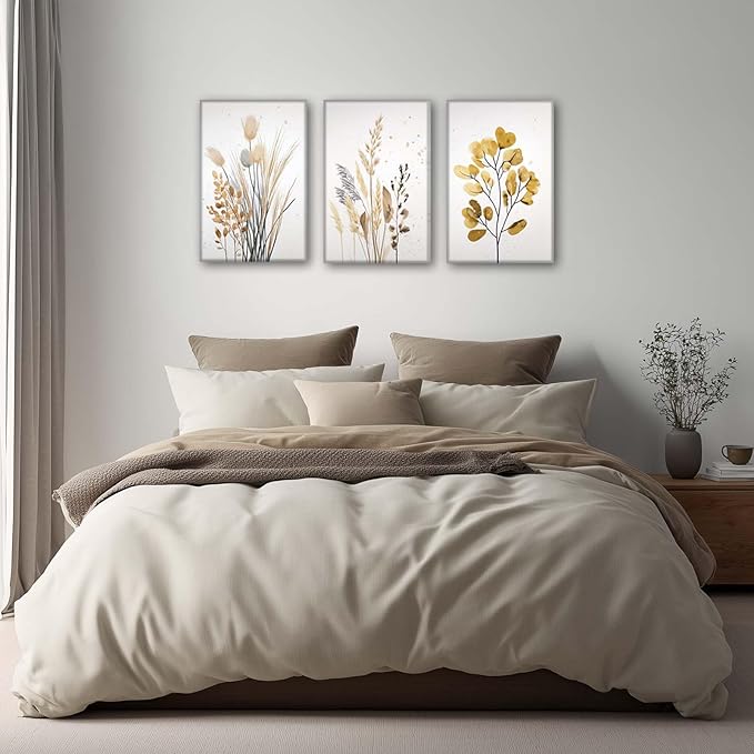 YCJKJDZ Beige Botanical Wrapped Canvas Wall Art Set of 3, Boho Watercolor - Image 3