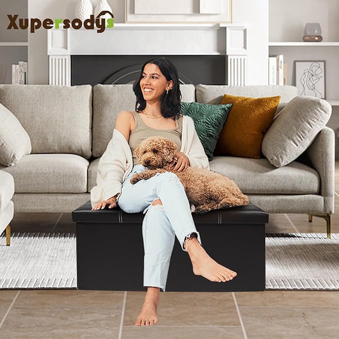 xupersodys 30 Inches Folding Storage Ottoman Bench, Faux Leather Footrest - Image 2