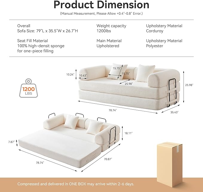 Convertible Folding Mattress Couch, 5-in-1 Futon Sofa - Image 2