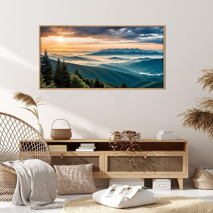 LHIUEM Large Nature Mountain Sunrise Framed Canvas Wall Art, Modern Misty Tree - Image 4