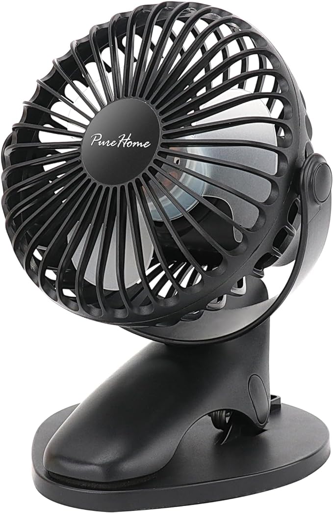 Portable Clip Fan Battery Operated, 3 Speeds USB Rechargeable Mini Table Fan by PureHome