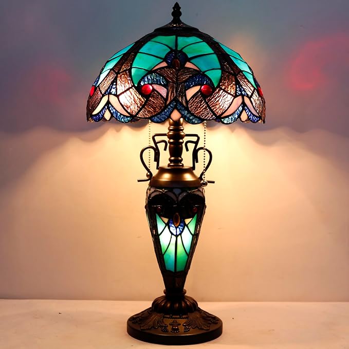 WERFACTORY Tiffany Style Table Lamp Green Stained Glass Liaison Lamp 12X12X22 - Image 5
