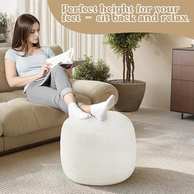 MeMoreCool Round Pouf Ottoman – Beige Corduroy Footrest - Image 5