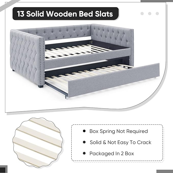 Daybed with Trundle, Modern Upholstered Full Size Day Bed Button-Tufted Sofa - Image 8
