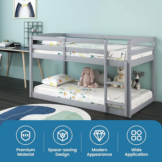 KOMFOTT Low Bunk Bed Twin Over Twin, Solid Wood Bunk Bed Frame - Image 4
