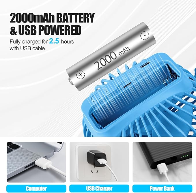 Portable Clip Fan Battery Operated, 3 Speeds USB Rechargeable Mini Table Fan - Image 3