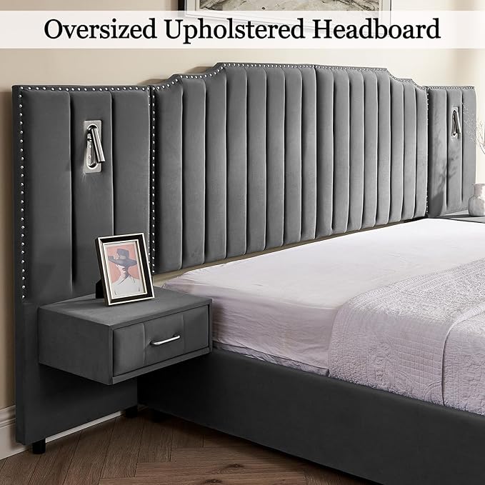 Luxury Queen Bed Frame with Headboard and Storage, Velvet Fabric Upholstered - Image 5