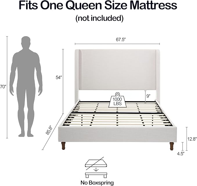 Queen Size Upholstered Bed Frame, Harper 54" Tall Headboard Platform Beds - Image 2
