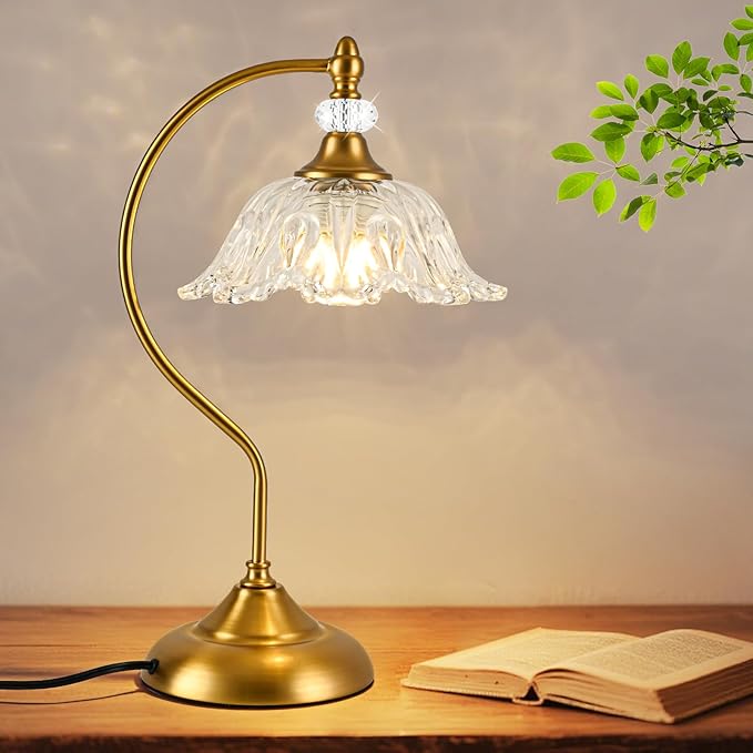 Vintage Table Lamp with a Floral Clear Glass Shade, A Plug-in Nightstand Lamp by Unknown