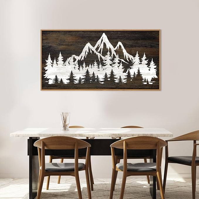 LHIUEM Large Mountain Tree Framed Canvas Wall Art, Modern White Forest Art - Image 3