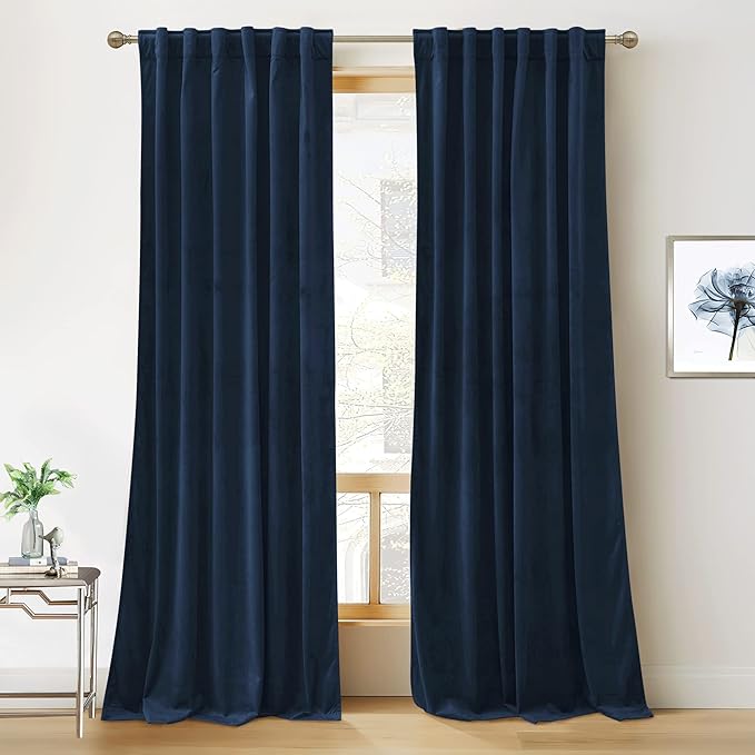 RYB HOME Blue Velvet Curtains 94 inches, Back Tab Soft Fabric Room Darkening by RYBHOME
