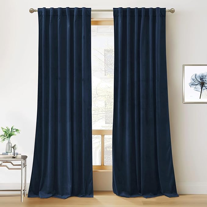 RYB HOME Navy Blue Velvet Curtains 100 inches, Back Tab Soft Fabric Room by RYBHOME