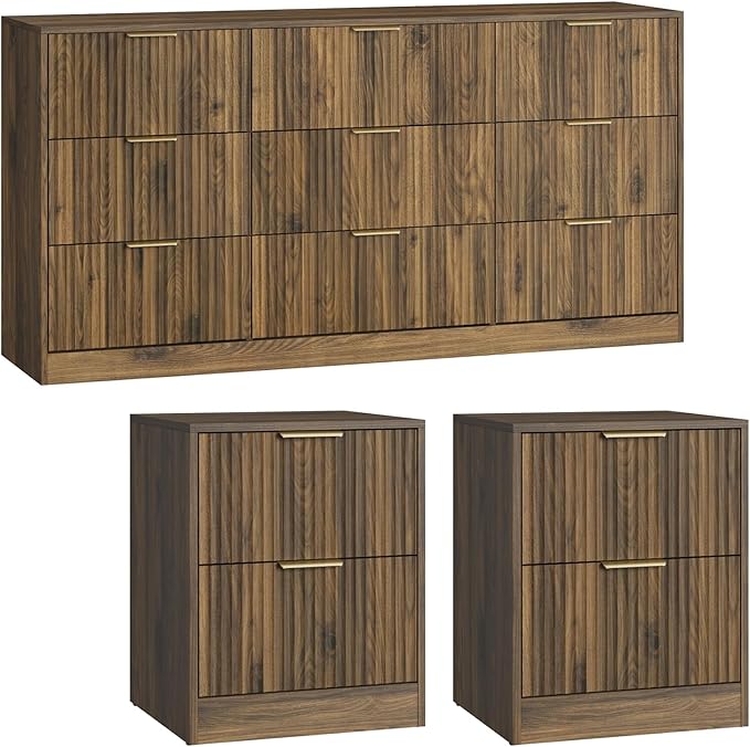9 Drawer Dresser & Nightstand Set 3-Piece, 63” Wide Walnut Bedroom Dresser and - Image 8