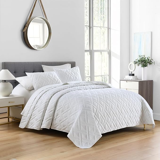 HORIMOTE HOME Quilt Set Twin Size White, Classic Geometric Diamond Stitched - Image 2