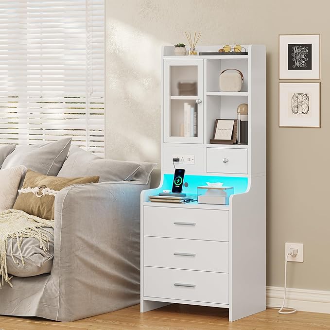 ADORNEVE Tall Night Stand with Charging Station and LED Lights, 49.2" - Image 2