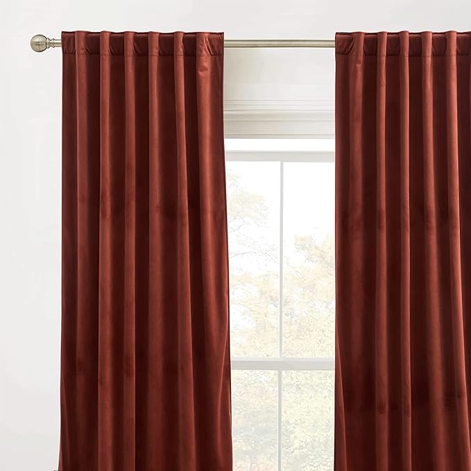 RYB HOME Rust Red Velvet Curtains 102 inches, Back Tab Soft Fabric Room - Image 2