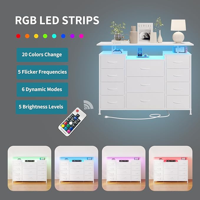 LUMTOK 11 Drawers Dresser with Fabric Drawers, Charging Station, LED Lights and - Image 6