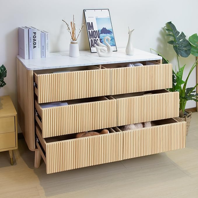 Fluted 6 Drawers Dresser for Bedroom, Wooden Dresser TV Stand, Wood Drawer - Image 6