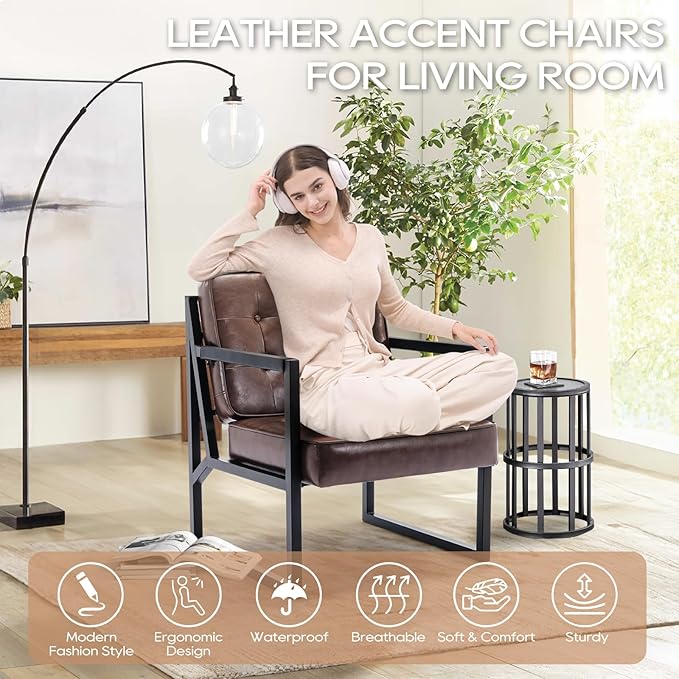 COLAMY Mid Century Modern Accent Chair, Comfy Living Room Chairs, Faux Leather - Image 5