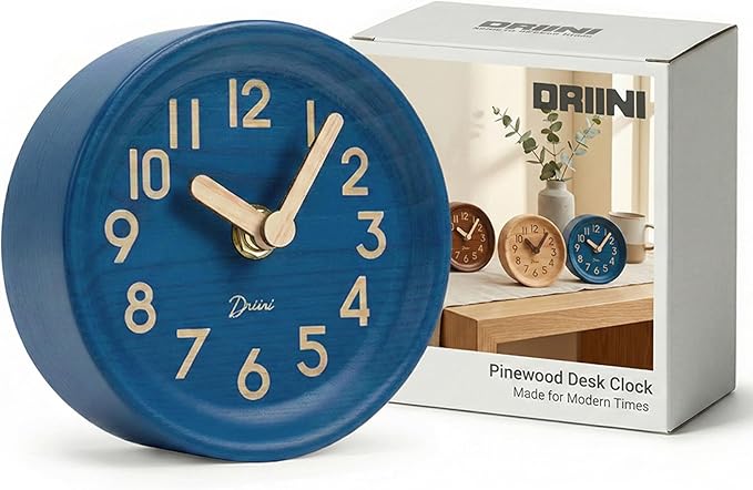 Driini Wooden Analog Desktop Clock – 4.3 in. Decorative Pinewood, No-Tick by Driini