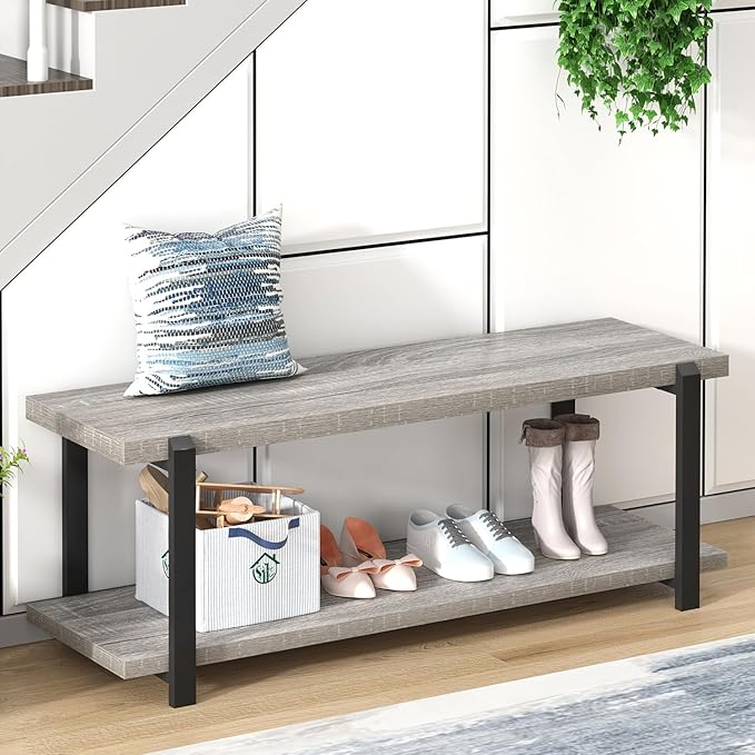 FOLUBAN Entryway Bench, Vintage Wood and Metal Shoe Bench by FOLUBAN