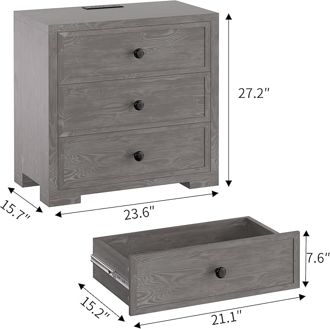 COWMOU Nightstand with Drawers 3 Drawer Night Stand with Charging Station - Image 3
