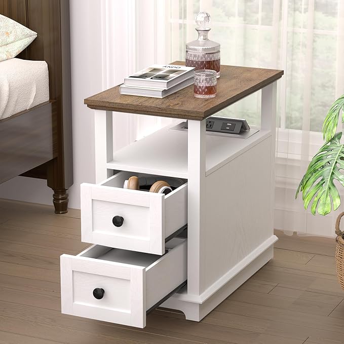 HIFYOBRO Narrow End Table with Flip Top Charging Station and 2 Drawers - Image 6