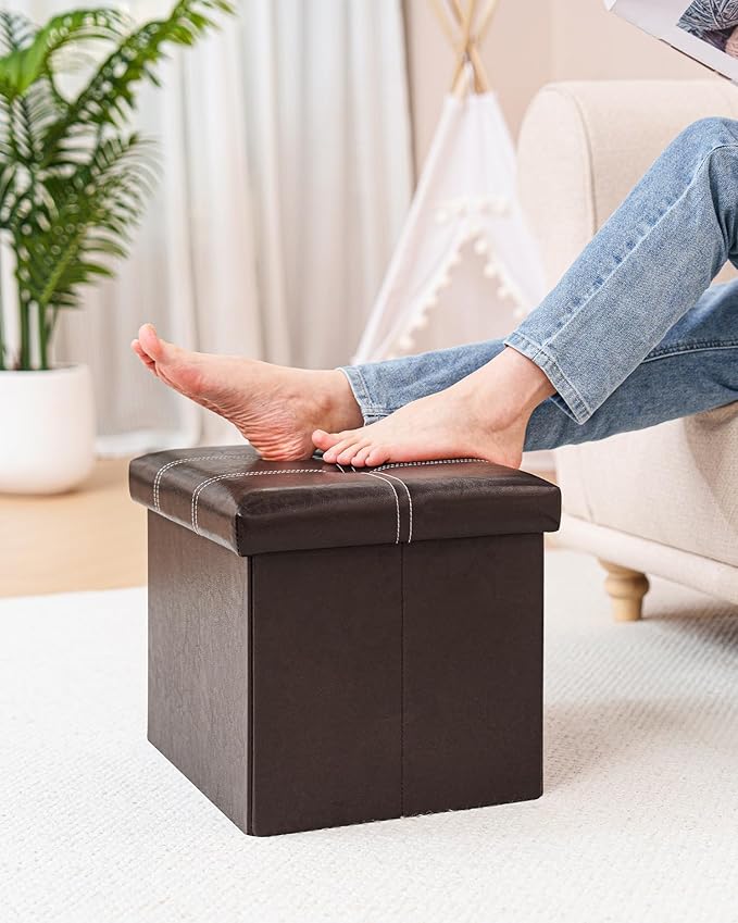 B FSOBEIIALEO Folding Storage Ottoman Cube, Faux Leather Footrest Seat Coffee - Image 2