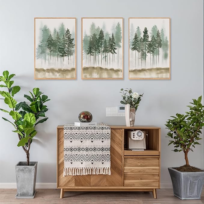 LHIUEM Foggy Pine Tree Framed Canvas Wall Art, Abstract Green Forest Wall Decor - Image 5