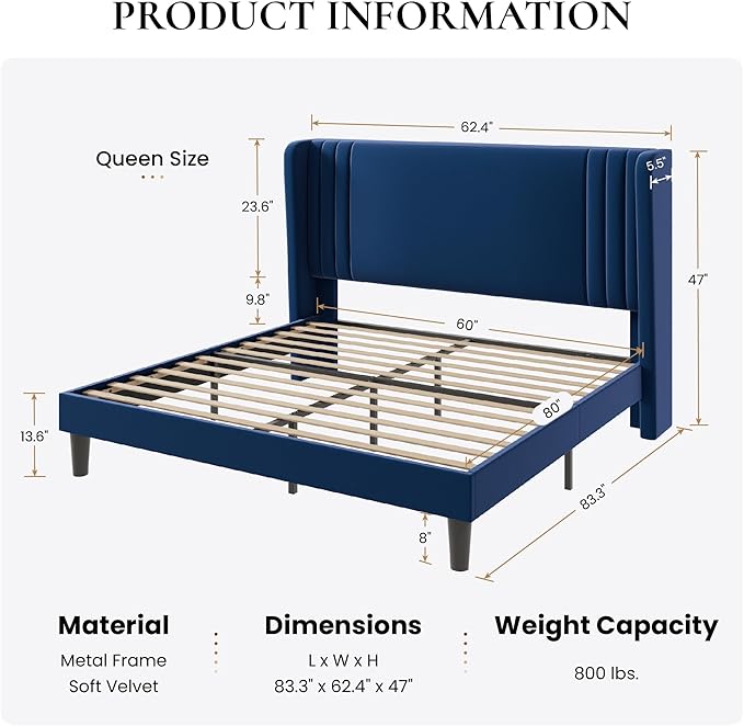 SHA CERLIN Queen Size Velvet Upholstered Platform Bed Frame - Image 2